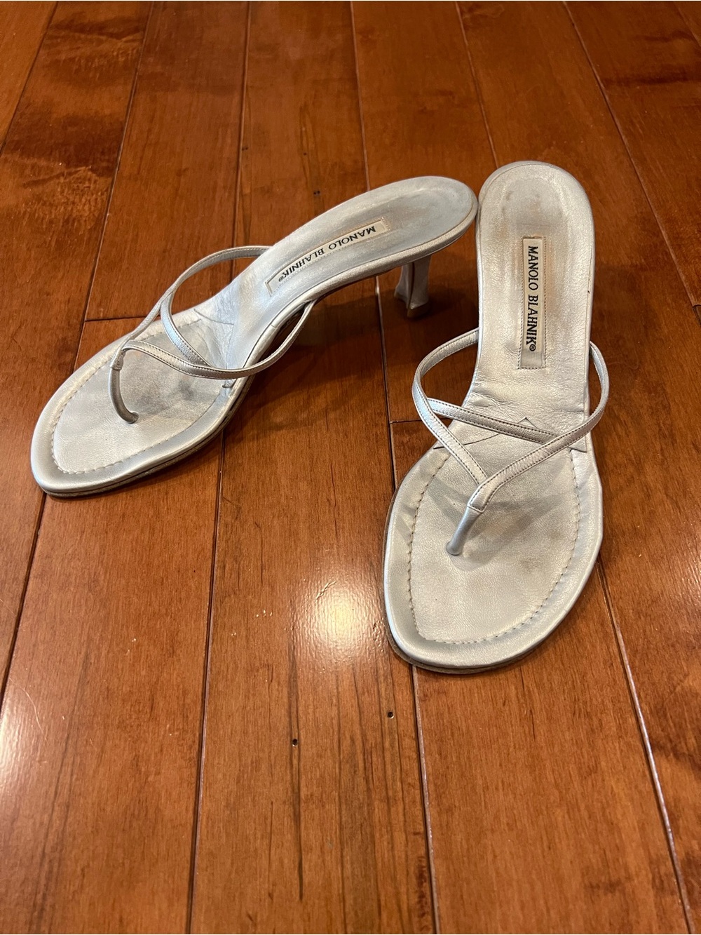Manolo Blahnik Metallic Silver Strappy Toe-Loop Heels
